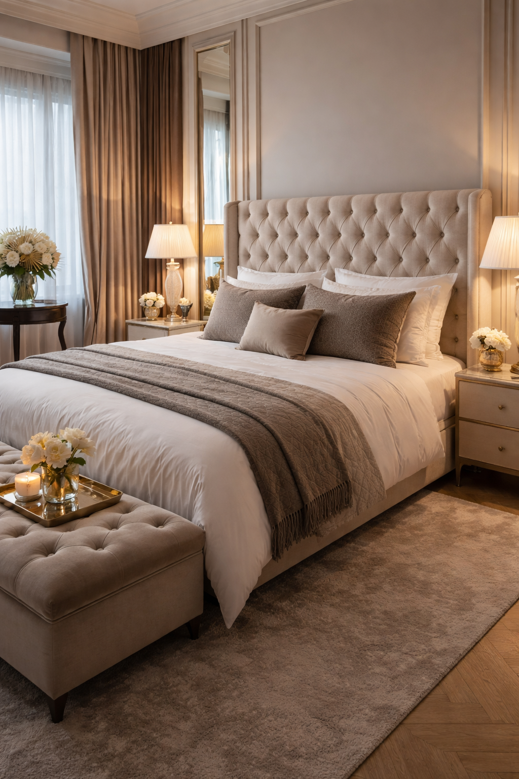 Chambre d'hôtel avec literie et textiles matelassés haut de gamme